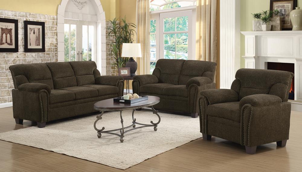 Clementine Upholstered Loveseat with Nailhead Trim Brown - Home Discount Furniture - NJ-linden