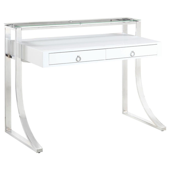 Gemma 2-drawer Writing Desk Glossy White and Chrome - Home Discount Furniture - NJ-linden