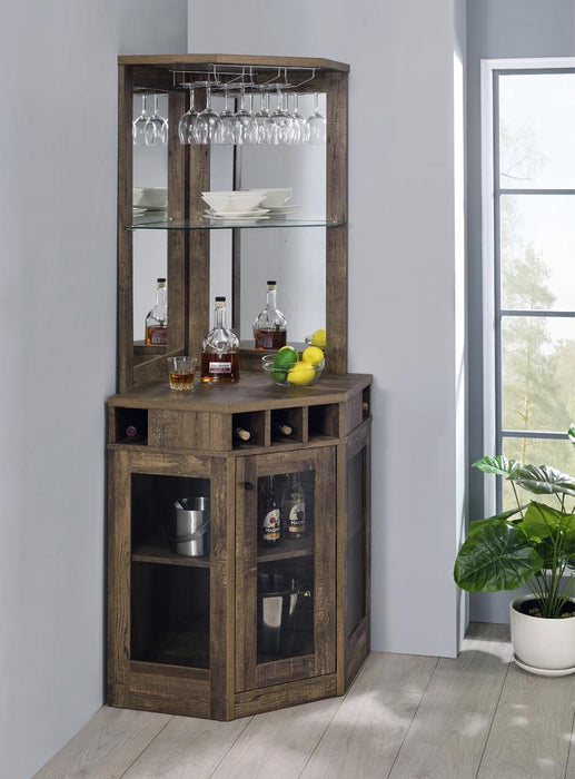 Alviso Corner Bar Cabinet with Stemware Rack Rustic Oak - Home Discount Furniture - NJ-linden