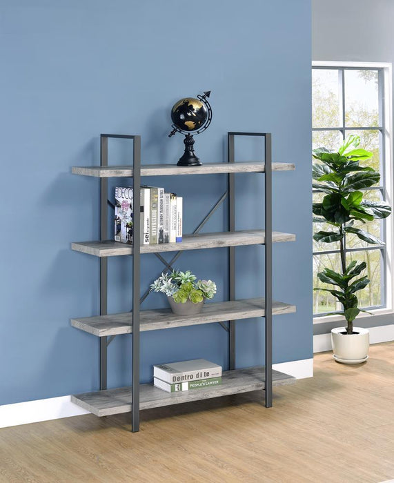 Cole 4-Shelf Bookcase Grey Driftwood and Gunmetal - Home Discount Furniture - NJ-linden