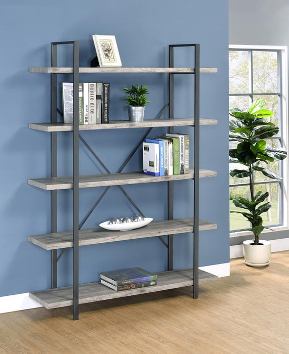 Cole 5-Shelf Bookcase Grey Driftwood and Gunmetal - Home Discount Furniture - NJ-linden