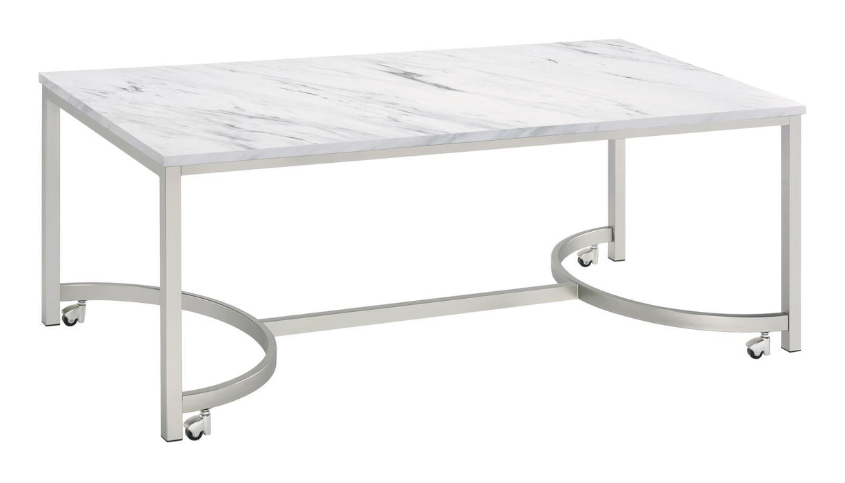 Leona Coffee Table with Casters White and Satin Nickel - Home Discount Furniture - NJ-linden